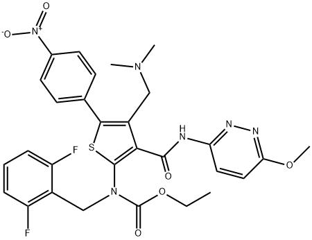 Acide carbamique, N-[(2,6-difluorophényl)méthyl]-N-[4-[(diméthylamino)méthyl]-3-[[(6-méthoxy-3-pyridazinyl)amino]carbonyl]-5-(4 -nitrophényl)-2-thiényl]-, ester éthylique